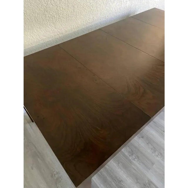 Absolutely stunning 1970s Milo Baughman Burl Wood Expanding Dining Table with 2 Removal Leaves. Gorgeous dark burl (rare...