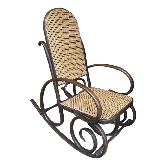 Mid 20th Century Bentwood Thonet Style Caned Rocker in Great Shape For Sale
