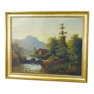 Unknown - Summerly Mountain Landscape With Water Fall and Mountain Hut, 19th Century For Sale