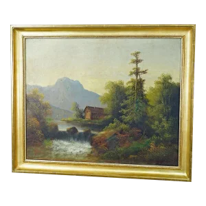Unknown - Summerly Mountain Landscape With Water Fall and Mountain Hut, 19th Century