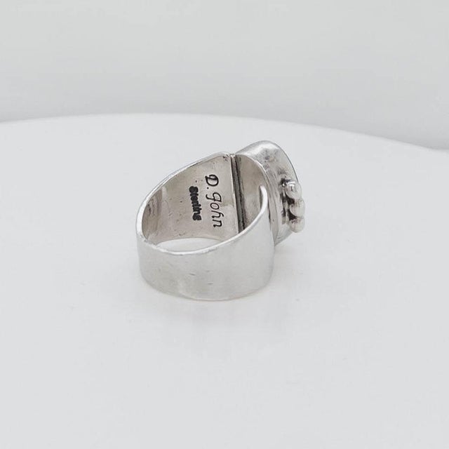 Navajo Delvin John Sterling Silver & Turquoise Cabochon Signet Style Ring For Sale - Image 9 of 11