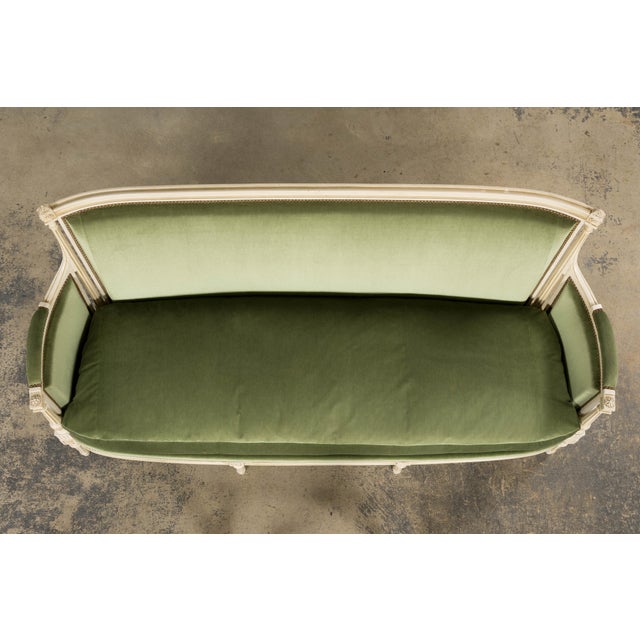 French French Louis XVI Style Painted Canapé in Moss Green Velvet, Provence For Sale - Image 3 of 18
