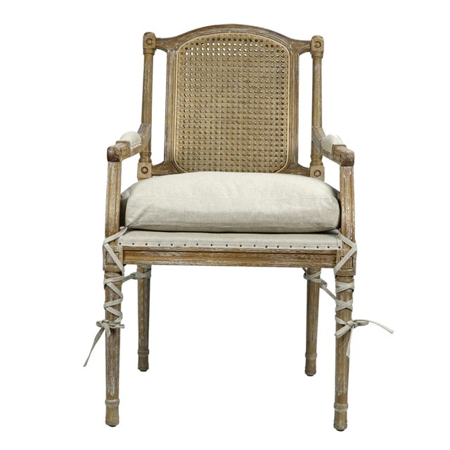 Matthew Izzo Home Cotswald Pine Wood Armchair With Weaved Lattice Back and Ample Beige Tie Cushion For Sale - Image 4 of 4