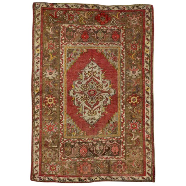 Vintage Mid-Century Turkish Oushak Accent Rug - 3′6″ × 5′ For Sale