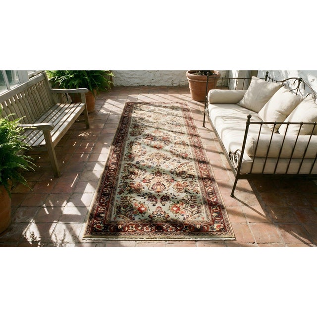 1930s Turquoise Teal Abstract Floral Antique Persian Sarouk Rug 2'7" X 8'0" Knotted Wool Carpet For Sale - Image 9 of 10