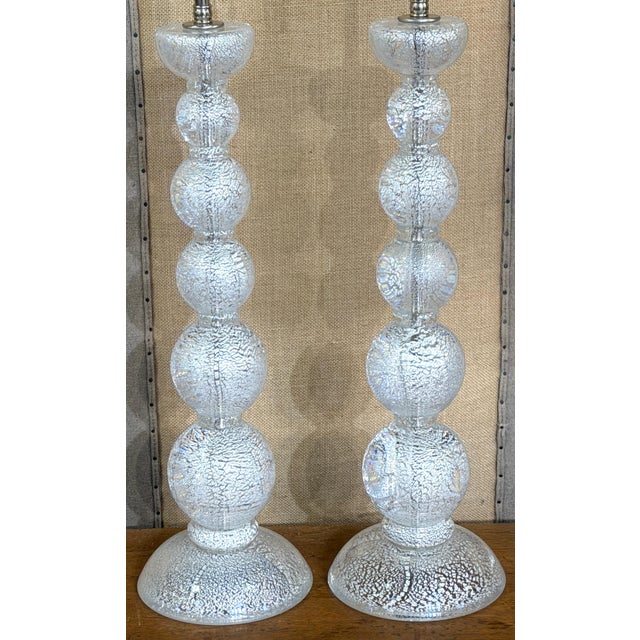 1980s Pair of Barovier & Toso Murano Atmospheric Silver Leaf Glass Lamps, Late 20th C For Sale - Image 5 of 12