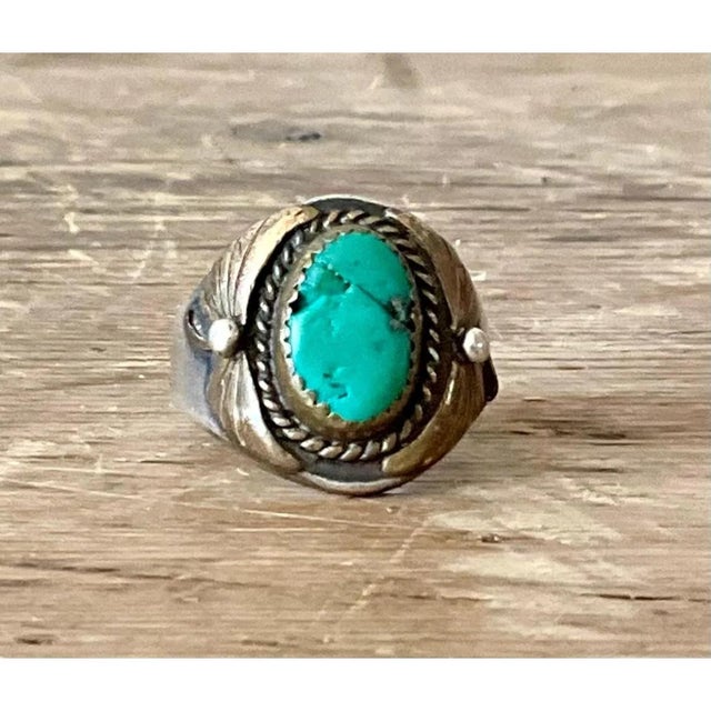 Mid-Century Modern Vintage Boho Turquoise Native American Sterling Silver Ring 7.75 For Sale - Image 3 of 12
