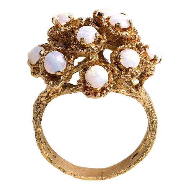 Vintage Brutalist Opal Cluster Ring 18k Yellow Gold, Size 6 For Sale