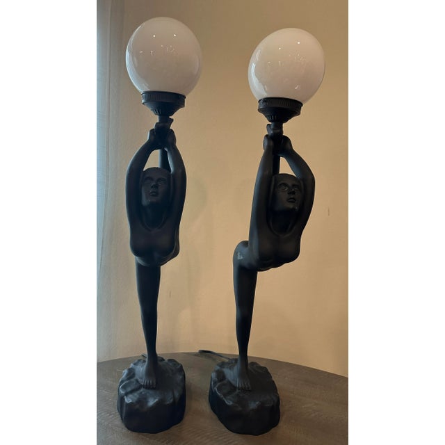 Art Deco Style, Nude Women Matching Black Tall Lamps - a Pair For Sale - Image 9 of 9