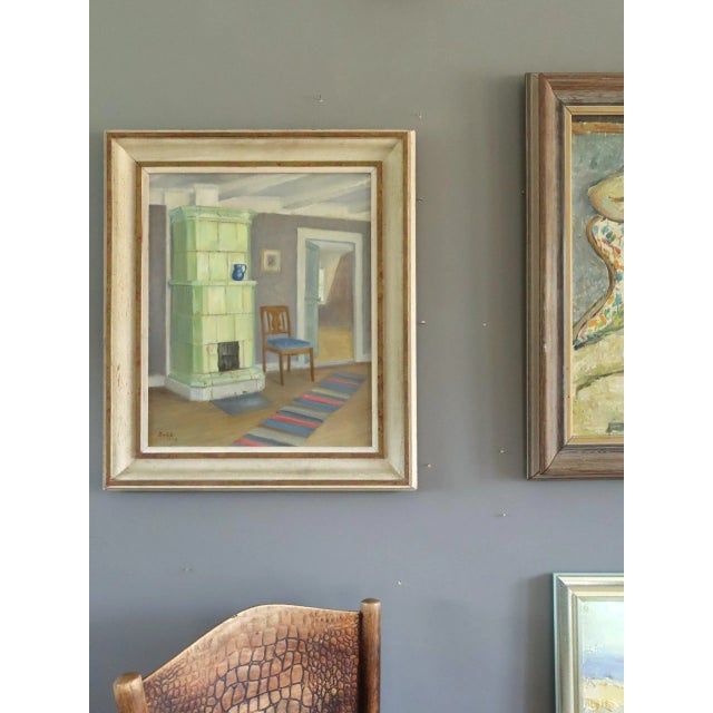 Mid-Century Modern 1944 Mid-Century Modern 'Interior With Green Stove' Swedish Original Interior Scene Oil Painting, Framed For Sale - Image 3 of 11