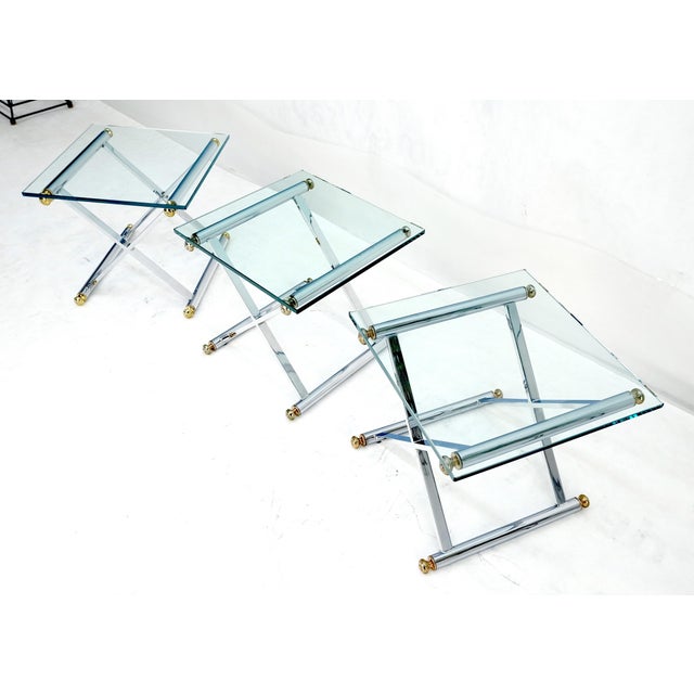Set of 3 Chrome X Bases Square Glass Tops Occasional Side End Lamp Tables For Sale - Image 9 of 11