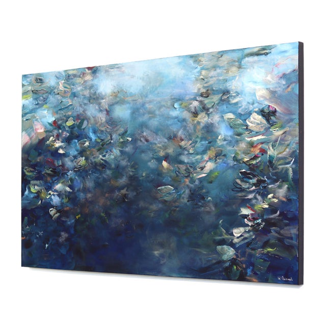 Underwater Poetry - Large Abstract Blue Tone Textural Acrylic Painting on Canvas Original Artwork by Ve Boisvert For Sale In Los Angeles - Image 6 of 9