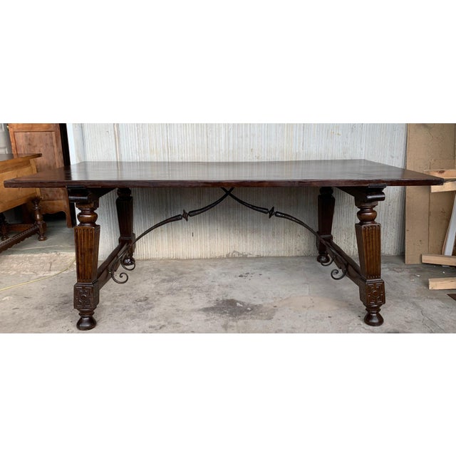 Late 19th Spanish Walnut Dining Fratino Table with Iron Stretcher For Sale - Image 16 of 18