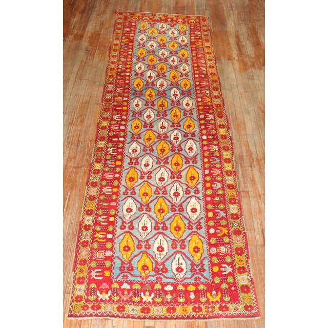 Boho Chic Antique Zabihi Collection Turkish Milas Exquisite Bright Runner - 3'7" x 13'6" For Sale - Image 3 of 10