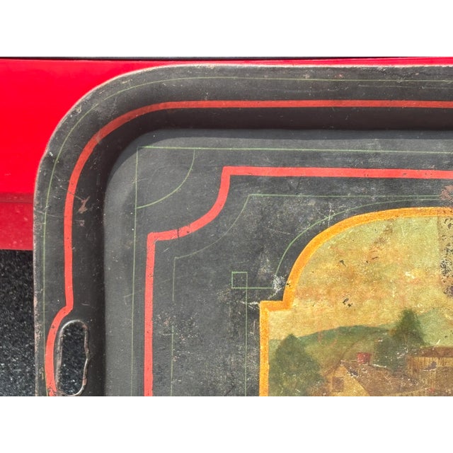 18th/19th Century Hand Painted and Artisan Formed Tole Tray - Large Size - New England Village Imagery For Sale - Image 4 of 9