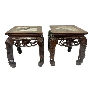 Late 20th Century Carved Lotus Side Tables, Marble Top, Pair For Sale