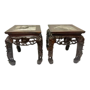 Vintage Chinoiserie Asian Carved Wood Side Tables Stands With Lotus Flower Design and Marble Top-a Pair