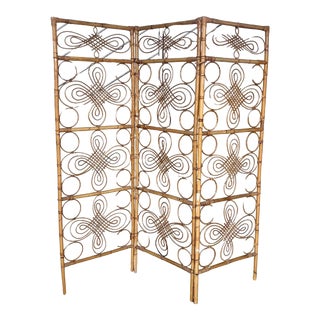 Three-Panel Bamboo Wicker Rattan Folding Screen Room Divider, France 1960s For Sale
