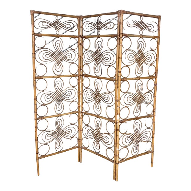 Three-Panel Bamboo Wicker Rattan Folding Screen Room Divider, France 1960s For Sale