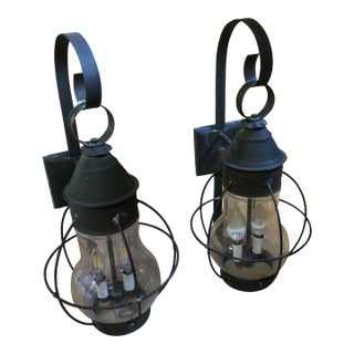 Large Metal Tole and Glass Wall Mounted Lanterns -A Pair For Sale