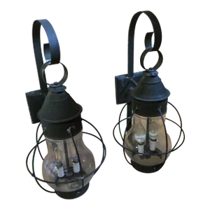 Large Metal Tole and Glass Wall Mounted Lanterns -A Pair