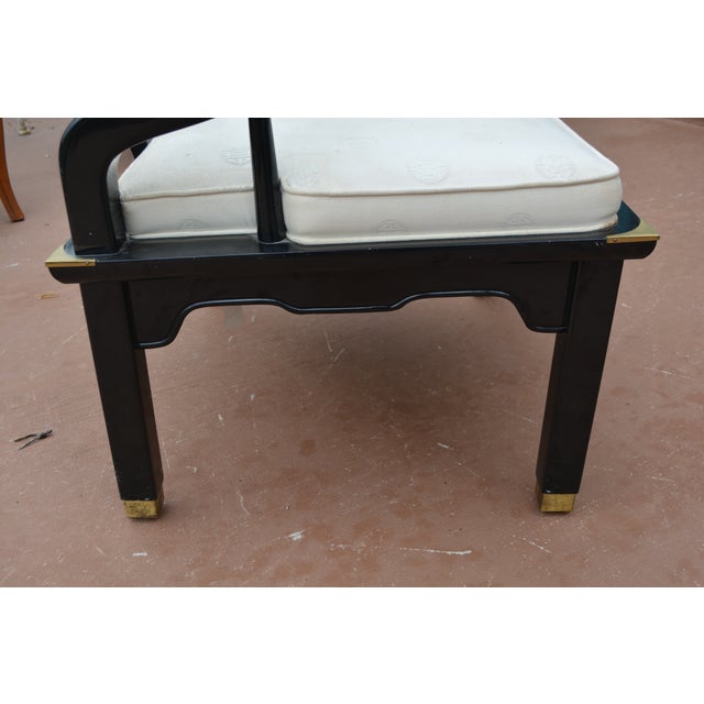 1980s 1980s Century Chair Co. Ming Black Lacquer & Brass Horseshoe Back Chair W/ White Seat For Sale - Image 5 of 18
