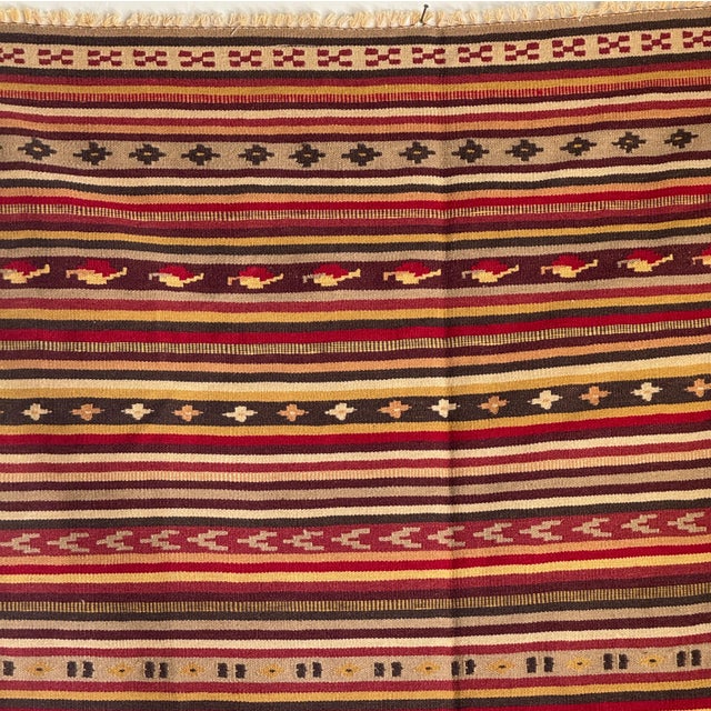 1980s Large Indian Beige Rug with Red, Yellow and White Stripes and Geometric Borders, 1980s For Sale - Image 5 of 18