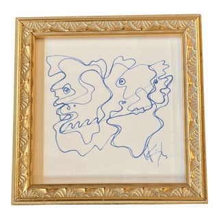 1980’s Original Vintage Wayne Cunningham Small Abstract Blue Ink Drawing Framed For Sale