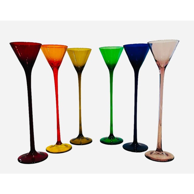 Vintage Colorful Stemware 10" Tall Glass Flutes Set of 6 For Sale - Image 9 of 10