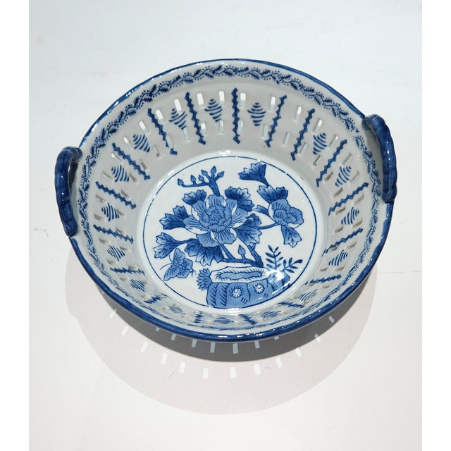 Traditional Vintage Blue and White Ironstone Waxed Basket For Sale - Image 3 of 11