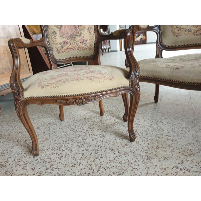 Sofa and Two Armchairs with Walnut Frame Embroidered Upholstery, Set of 3 For Sale - Image 4 of 8