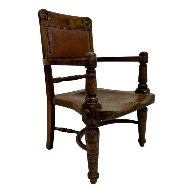 Arts and Crafts Oak Armchair with Saddle Seat, Early 20th Century For Sale