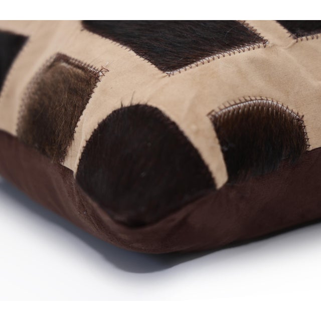 Luxury Patchwork Genuine Hair-on Cowhide Pillow 18x18 | Handmade Designer Leather Cushion For Sale In San Francisco - Image 6 of 7