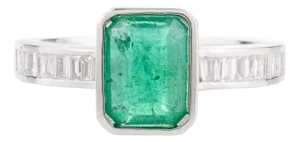 Rectangular Emerald Gemstone Baguette Cut Diamond Solitaire Ring Size 7