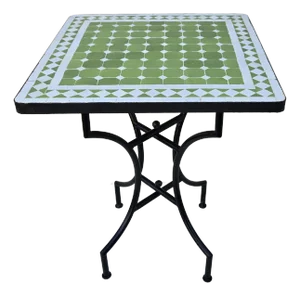 24" Square Moroccan Mosaic Table, Lime Green and White on Iron Base - 2 Pieces