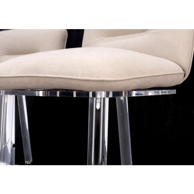 Pair Bent Lucite 1970s New Alcantera Upholstery Swivel Barstool Chairs Chairs For Sale - Image 9 of 15