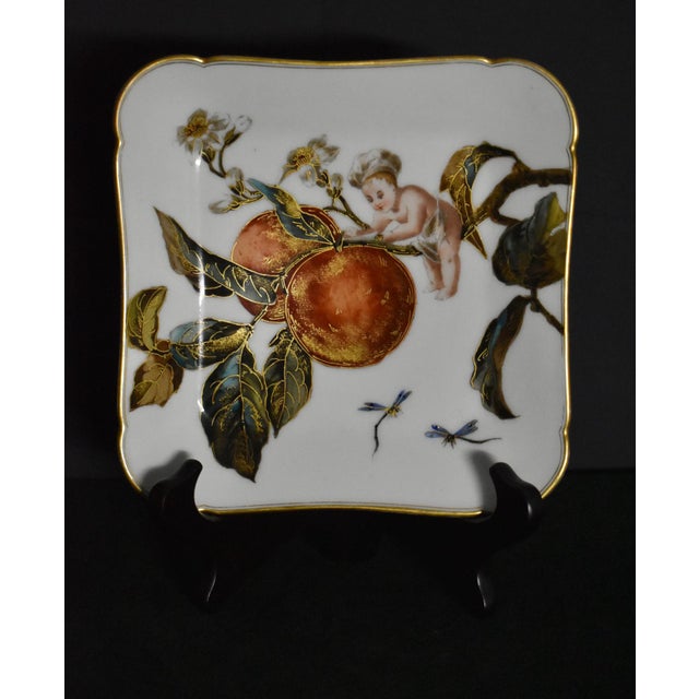 White Antique Limoges France GDM Porcelain Square Dish Plate Putto Cherub Peach Fruit For Sale - Image 8 of 13