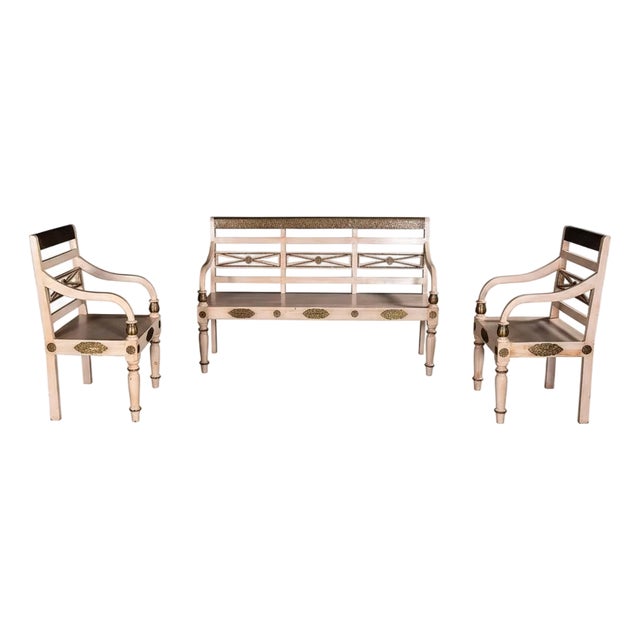 Solid Mango Wood Sofa and 2 Chiars Set | Distressed Off White Sofa Set With Brass Accent | 3 Piece Living Room Seating Set For Sale