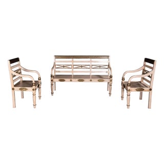 Solid Mango Wood Sofa Set | Distressed Off White Sofa Set With Brass Accent | 3 Piece Living Room Seating Set For Sale