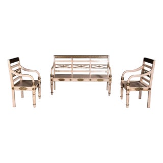Vintage Solid Wood Sofa Bench | Distressed Off White Bench With Brass Accent For Sale