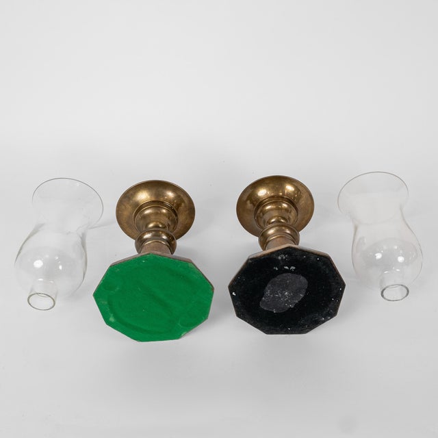 Brass Pair of 19th Century Continental Brass Hurricane Candlesticks For Sale - Image 8 of 10