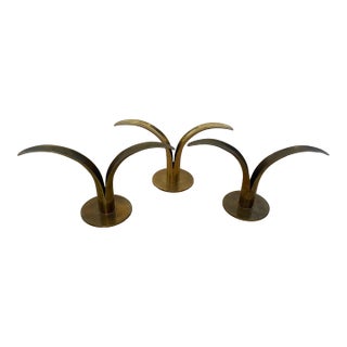 Set of 3 Mid Century Sweden Lily Brass Candlesticks For Sale