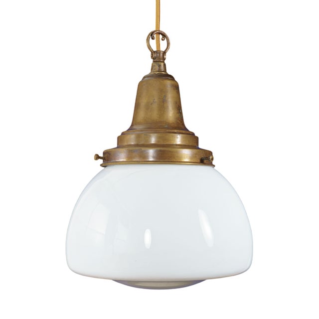 Large Edwardian Opaline Glass School Pendant Lamp with Brass Gallery, 1920s For Sale