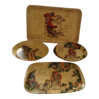 Vintage Chinese Bamboo Plates and Trays - Set of 4 For Sale