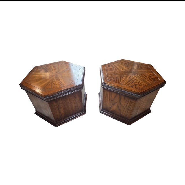 Altavista Lane Pair of Vintage Carved Wood Hexagonal End Tables With Parquetry Tops & Storage For Sale - Image 4 of 12