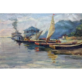 1960s Oil Painting Boat Port For Sale