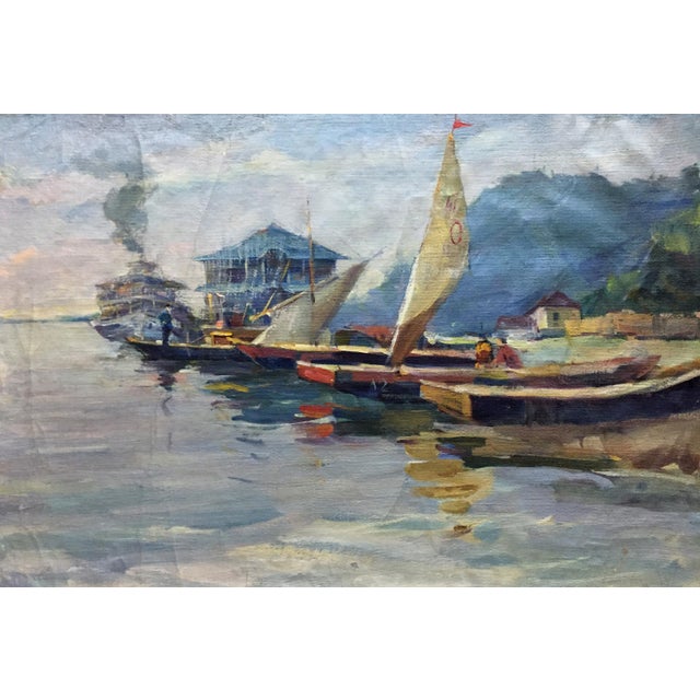 1960s Oil Painting Boat Port For Sale