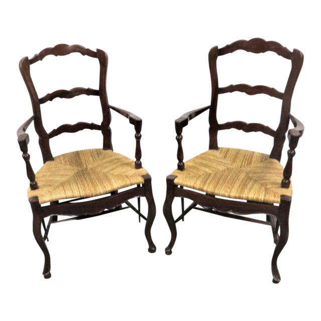 County French Mahogany Rush Seat Arm Chairs- a Pair | Chairish