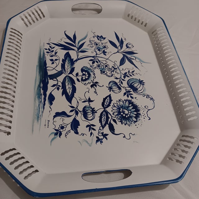 Large Vintage Blue Onion Style Metal Serving Tray With Reticulated Open Handles For Sale - Image 9 of 12