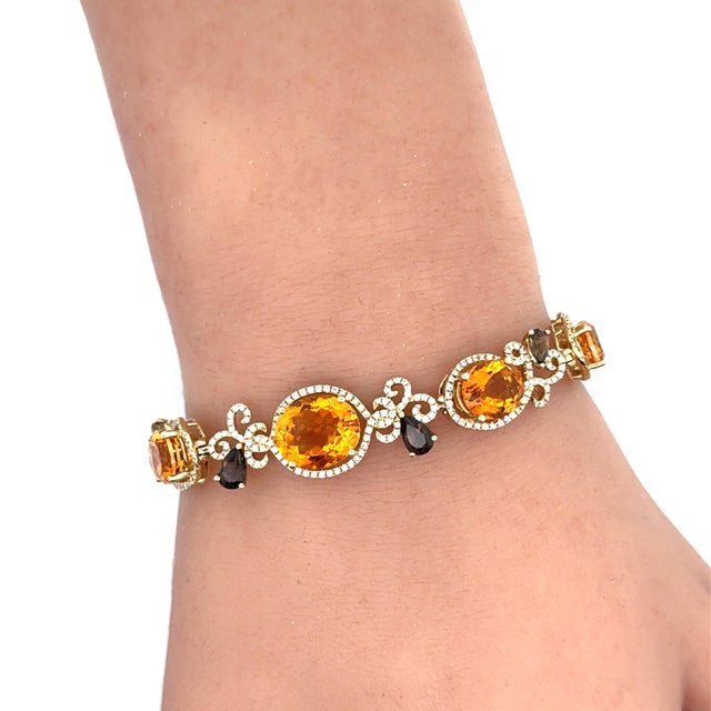 Early 21st Century Citrine Smoky Topaz Diamond 14k Yellow Gold Halo Filigree Bracelet For Sale - Image 5 of 5